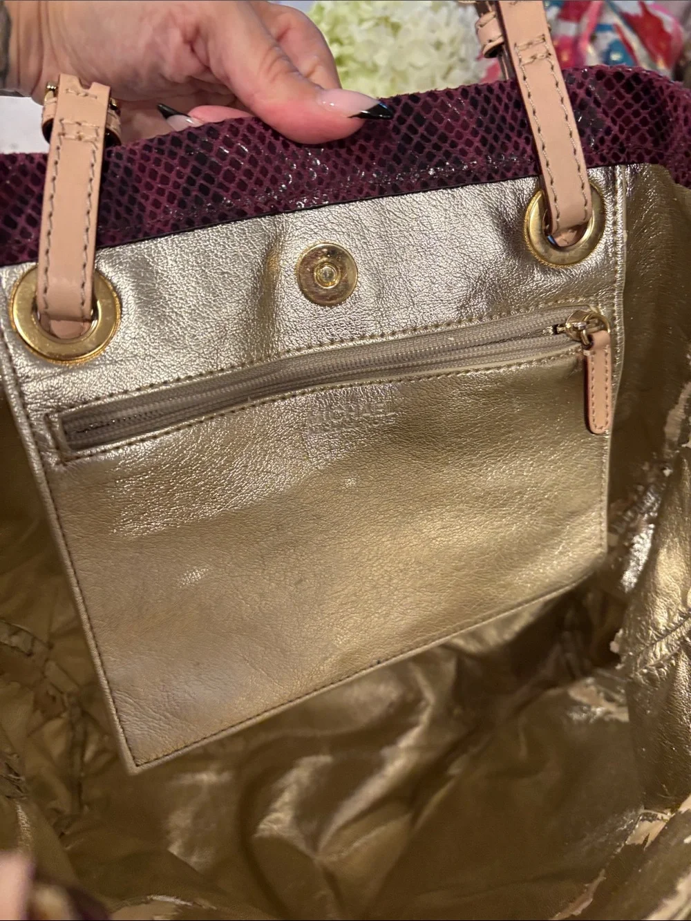 Michael Kors Wine Snake-Print Tote with Tan Straps